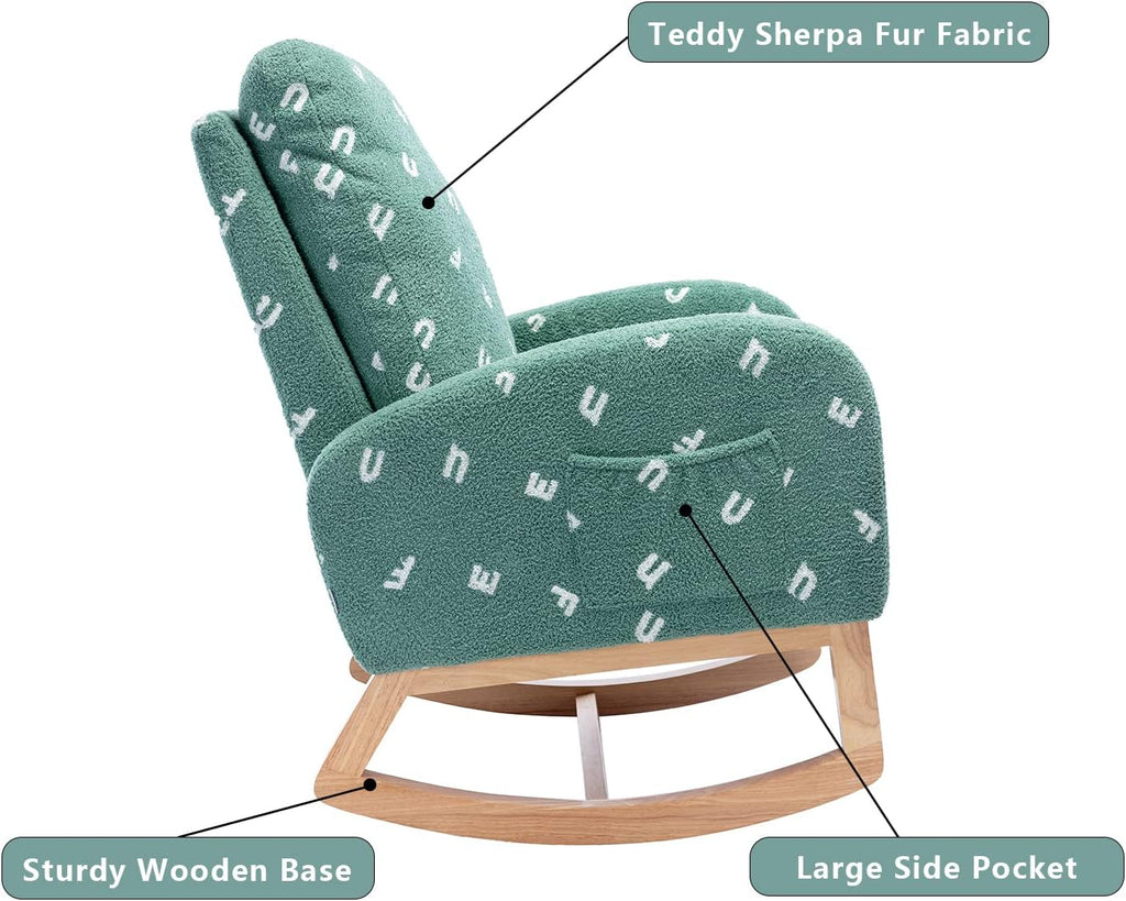 Setawix Teddy Rocking Chair for Nursery, Midcentury Modern Accent Rocker Armchair with Side Pocket, Upholstered High Back Wooden Rocking Chair for Living Room Baby Room Bedroom (Green Alphabet)