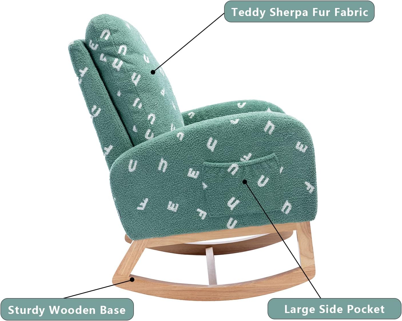 Setawix Teddy Rocking Chair for Nursery, Midcentury Modern Accent Rocker Armchair with Side Pocket, Upholstered High Back Wooden Rocking Chair for Living Room Baby Room Bedroom (Green Alphabet)
