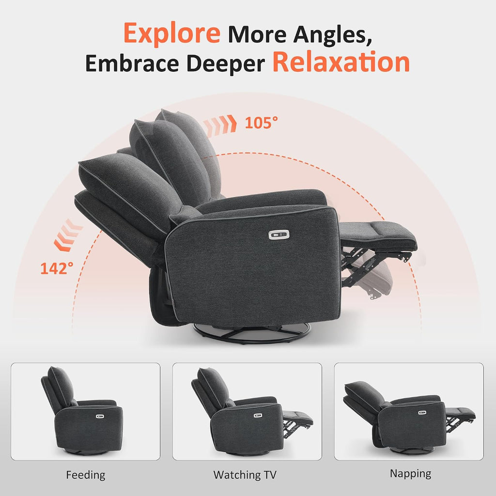MCombo Power Swivel Glider Rocker Recliner Chair, Electric Swivel Rocker Recliner with USB Charging Ports for Living Room and Nursery, Fabric 6922 (Grey)