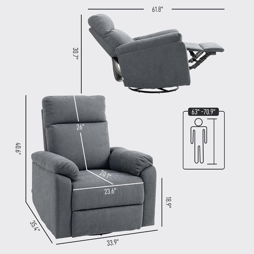 HOMCOM Swivel Rocker Recliner Chair, Wide Glider Rocking Single Sofa with Pocket Spring, Footrest, Modern Fabric Overstuffed Reclining Chair for Living Room, Bedroom, Quick Assembly, Gray