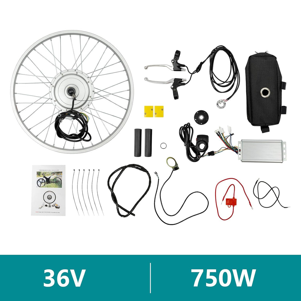 750W Electric Bike Conversion Kit – Front Wheel Brushless Hub Motor, 36V 26.72 MPH, for 24 Inch Bicycles, with Thumb Throttle, Controller & Brakes – DIY E-Bike Upgrade