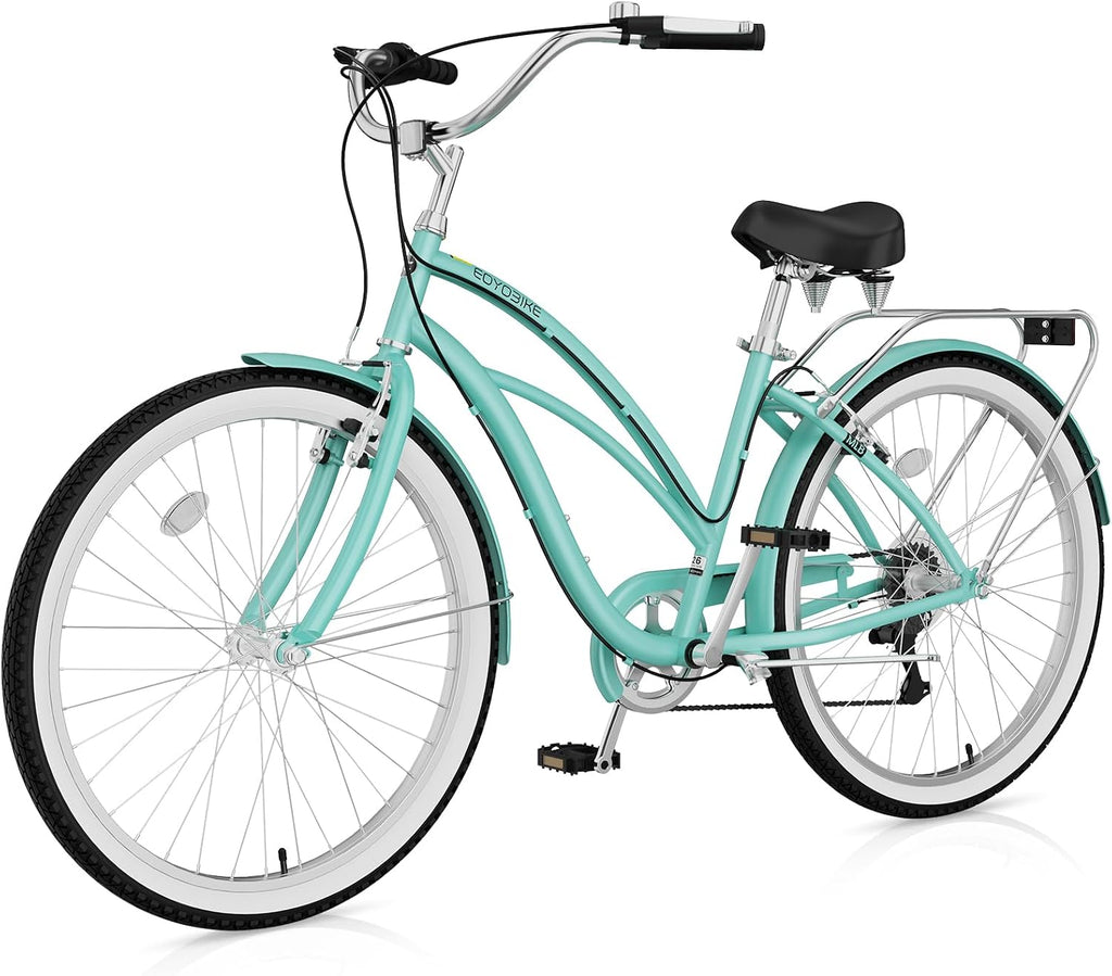 Cruiser Bike for Adults, 7-Speed Beach Cruiser Bicycle, 24/26 Inch Step-Through or High-Bar Frame, Comfort City Commuter Bike with Rear Rack, Fenders, Wide Saddle for Women & Men
