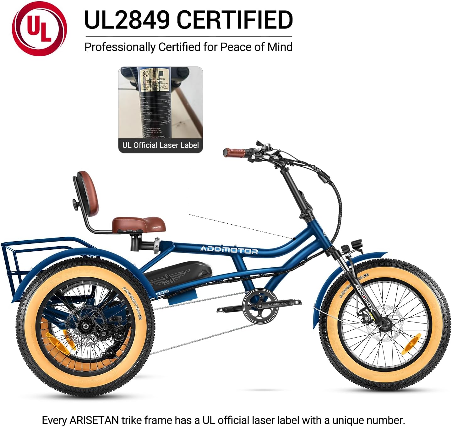 ADDMOTOR ARISETAN Electric Trike for Adults, 750W Rear Motor Electric Tricycle, 85MI 48V 20AH Semi-Recumbent E-Trike, UL2849 3 Wheel Electric Trike