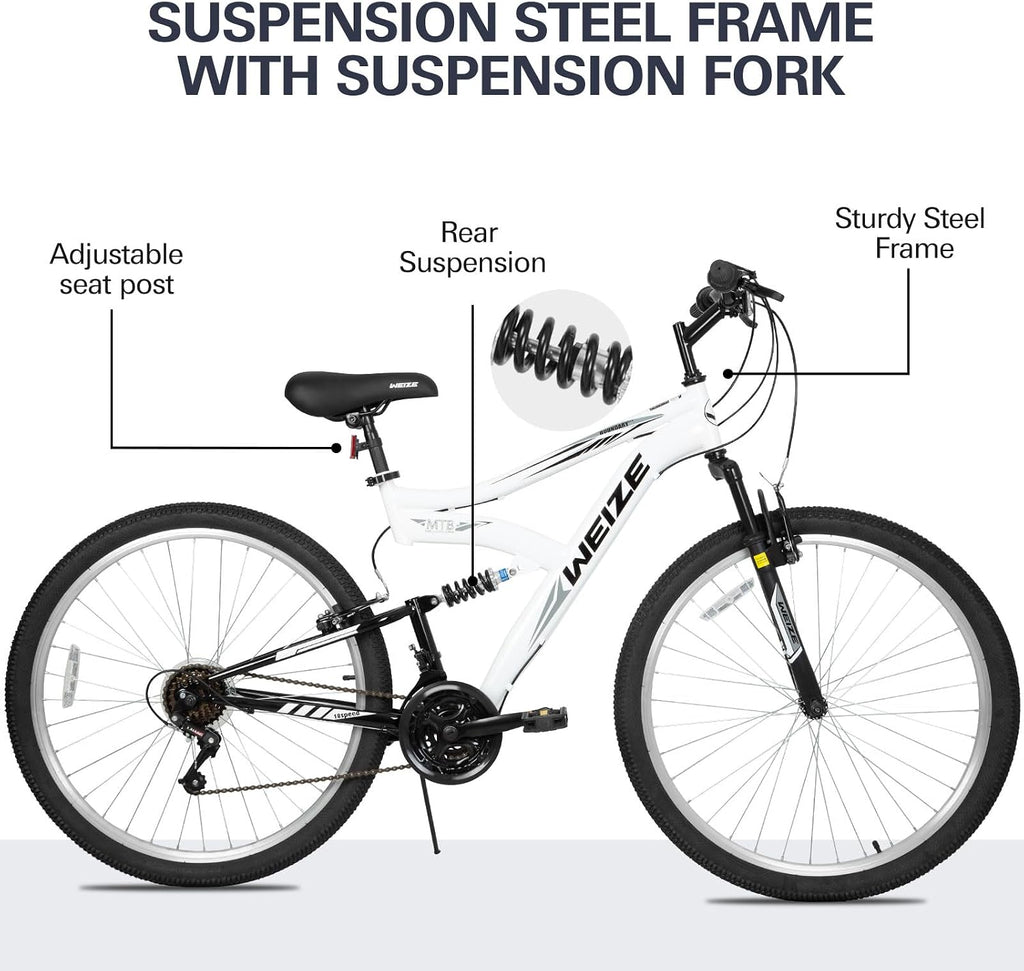 WEIZE Mountain Bike 26 27.5 inch Outdoor Cycling Bike 18-Speed/High-Carbon Steel/Dual Full Suspension, Adjustable Ergonomic Seat for Men Women Adult, MTB Bicycle with Suspension Fork