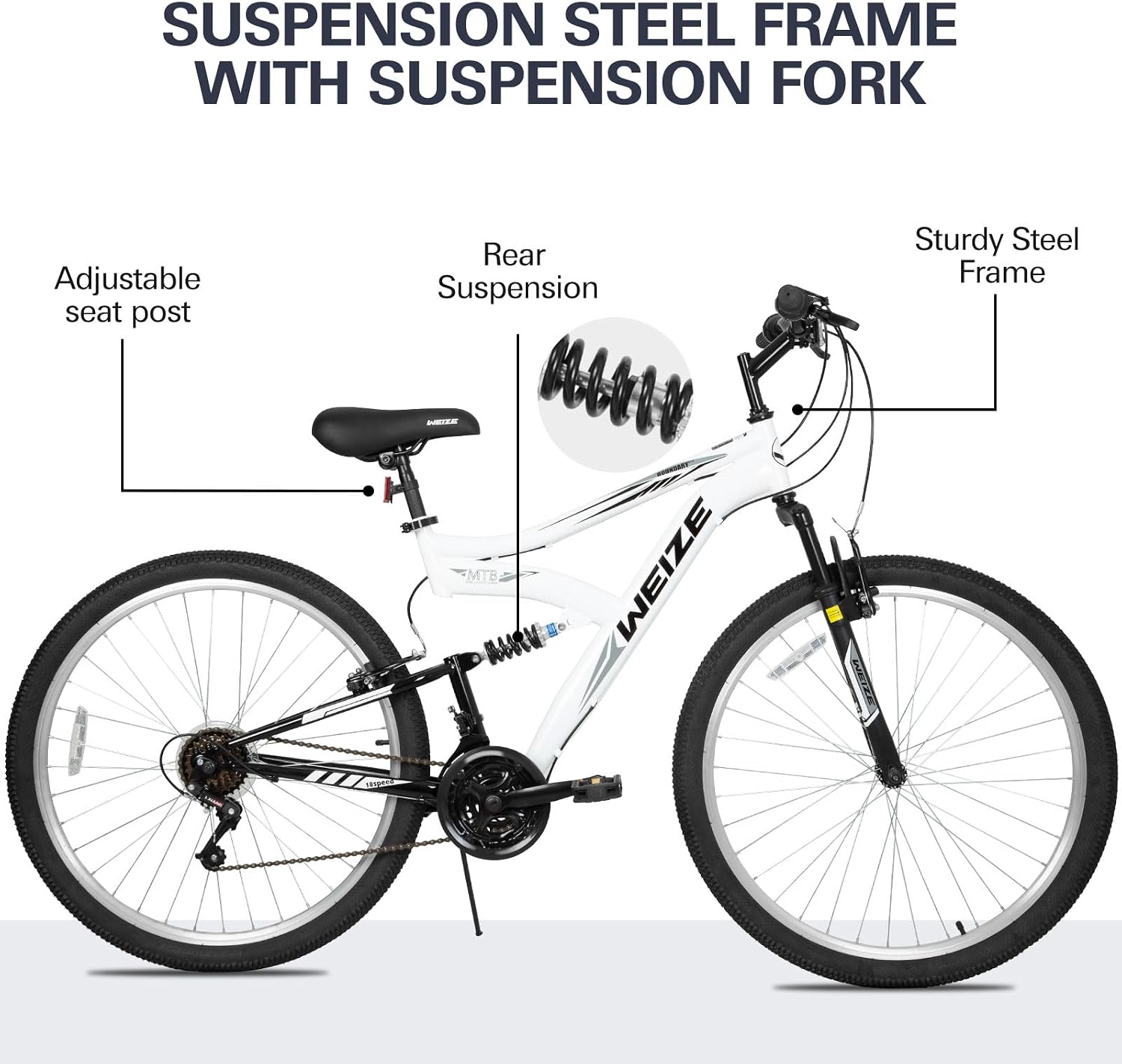 WEIZE Mountain Bike 26 27.5 inch Outdoor Cycling Bike 18-Speed/High-Carbon Steel/Dual Full Suspension, Adjustable Ergonomic Seat for Men Women Adult, MTB Bicycle with Suspension Fork