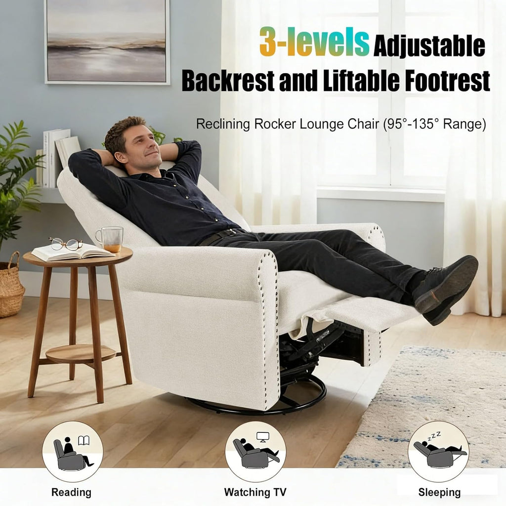 360° Swivel Rocker Recliner Chair with Upholstered Backrest, Small Rocking Recliner for Small Spaces, Chenille Fabric Glider Recliner Nursery Chair (Chenille-Beige, Two Chairs)
