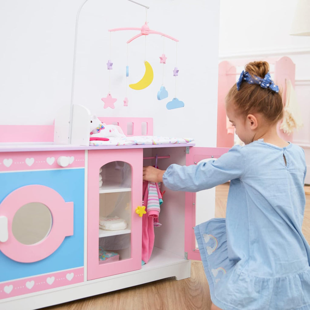 Teamson Kids - Olivia's Classic 6 in 1 Baby Doll Changing Station with Storage, Pretend Play Dolls Furniture, Pink/Purple