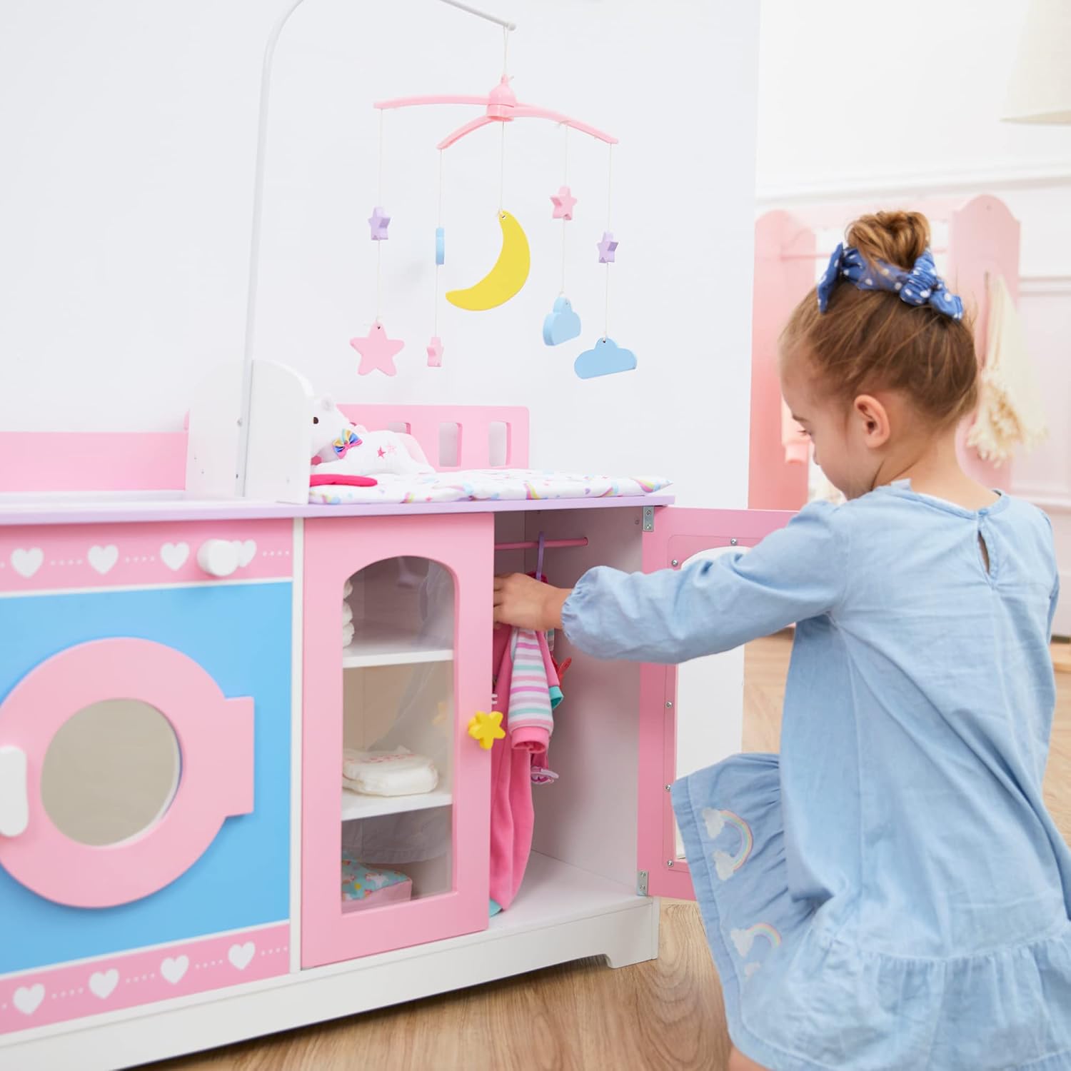 Teamson Kids - Olivia's Classic 6 in 1 Baby Doll Changing Station with Storage, Pretend Play Dolls Furniture, Pink/Purple