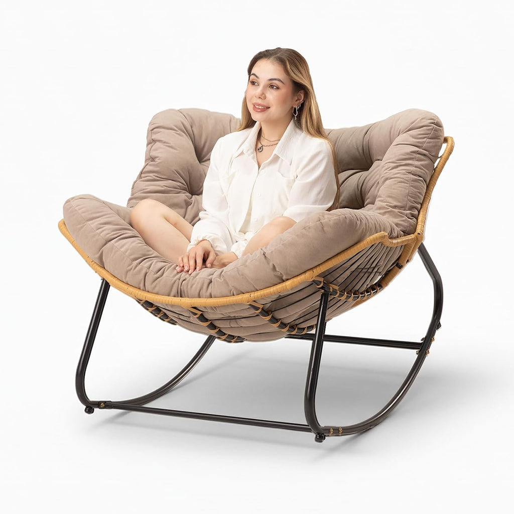 Papasan Chair with Cushion, Oversized Outdoor Rocking Chair, Patio Egg Chair Outdoor, Wicker Modern Cozy Comfy Chair for Bedroom, Living Room, Garden, Balcony, Lawn, Light Brown