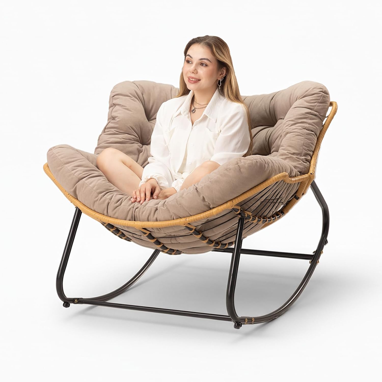 Papasan Chair with Cushion, Oversized Outdoor Rocking Chair, Patio Egg Chair Outdoor, Wicker Modern Cozy Comfy Chair for Bedroom, Living Room, Garden, Balcony, Lawn, Light Brown