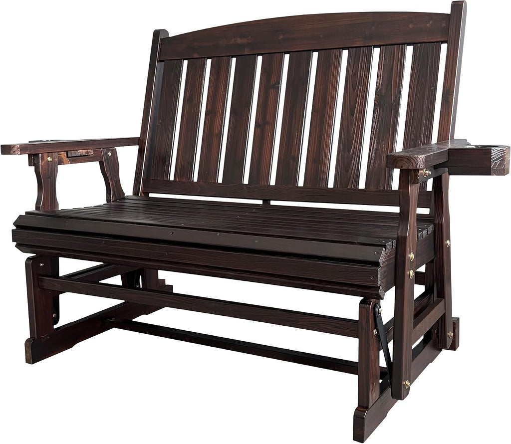 Fortune Candy Wooden Patio Glider for One Person, with High Back and Deep Contoured Seat, Solid Fir Wood, Heavy Duty 600 LBS (Deep Brown, 2-Seater)