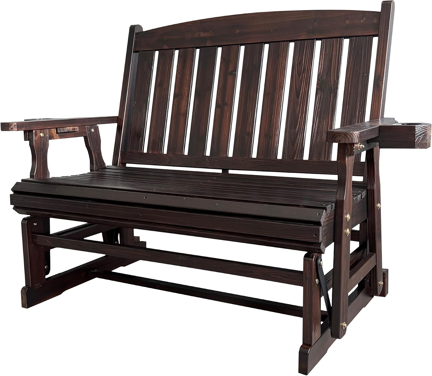 Fortune Candy Wooden Patio Glider for One Person, with High Back and Deep Contoured Seat, Solid Fir Wood, Heavy Duty 600 LBS (Deep Brown, 2-Seater)