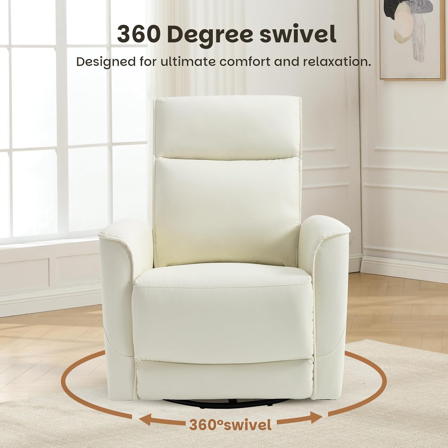 CANMOV Rocker Recliner Chair,360°Swivel Nursery Glider Recliner,Manual Recliner Sofa with Padded Armrest and Backrest,Leather Recliner for Small Spaces,Living Room,Bedroom (White)