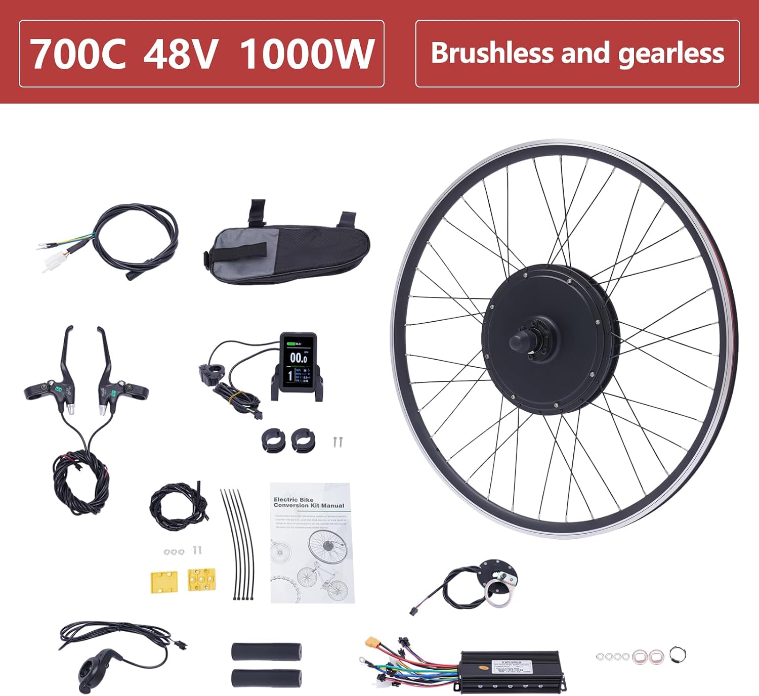 48V 1000W Electric Bicycle Motor Kit Front Wheel, E-Bike Hub Motor Kit Powerful Motor Electric Bicycle w/Display