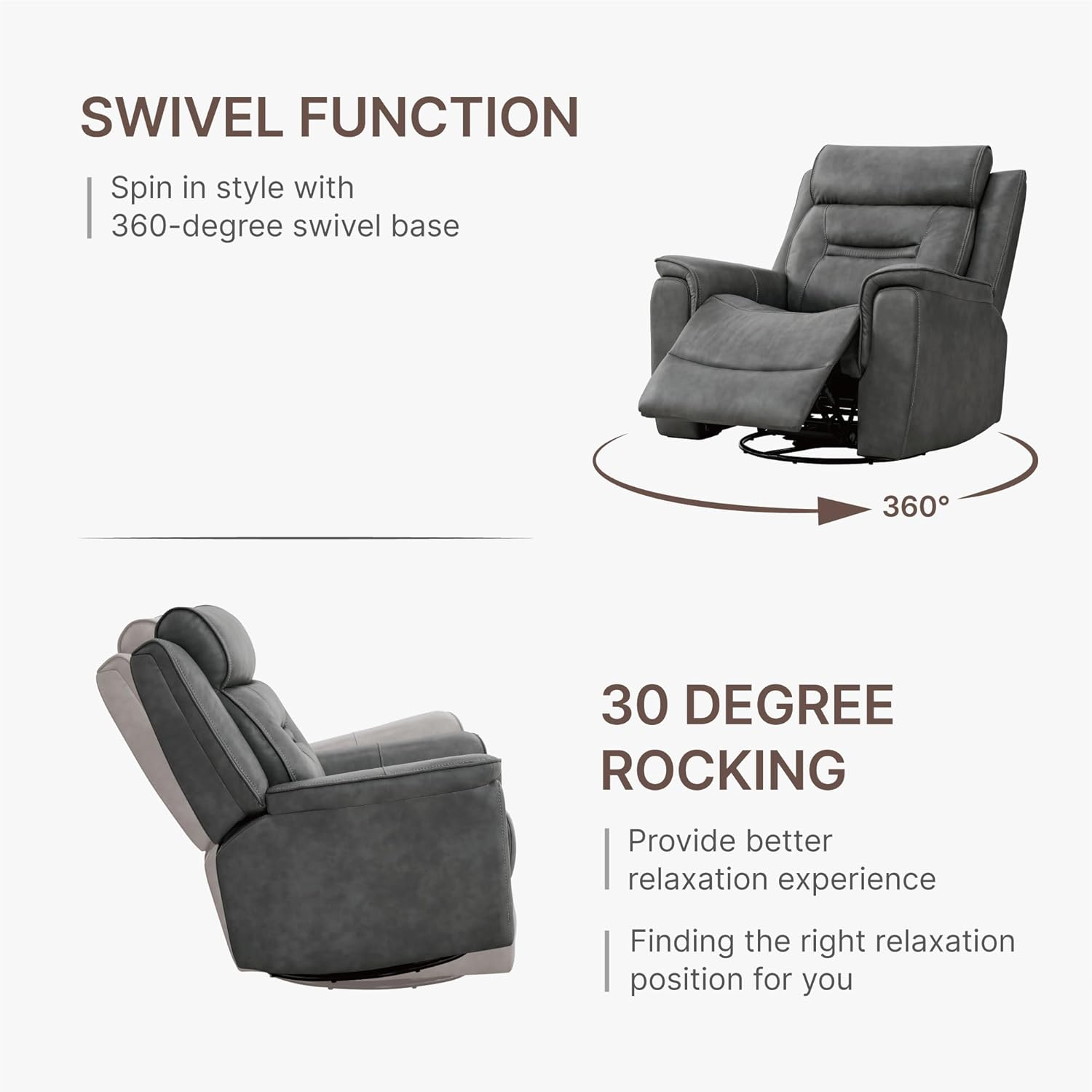 KISLOT Leather Recliner Chair, 360° Swivel Rocker Faux Leather Manual Recliner with Adjustable Backrest & Footrest Ergonomic Single Lounge Chair for Living Room, Bedroom, Home Theater
