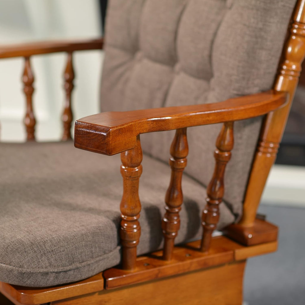 Anti-Pinch Nursery Glider Rocking Chair with Ottoman, Solid Rubber Wood Frame, Silent Smooth Gliding Design, Vintage Carved Armrest for Nursing, Living Room, Bedroom, Oak
