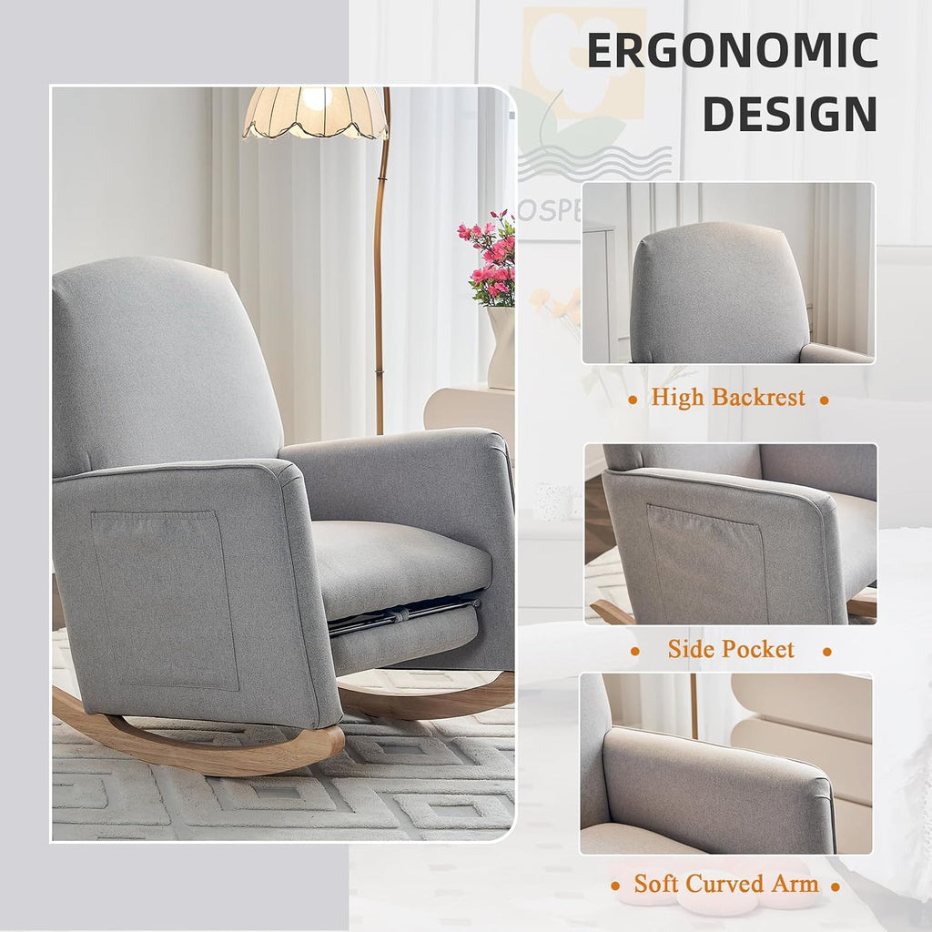 Rocking Chair Nursery with Foot Rest, Nursing Rocking Chair with High Backrest, Glider Rocker Chair for Living Room, Bedroom, Nursery(Cotton Linen Light Gray)