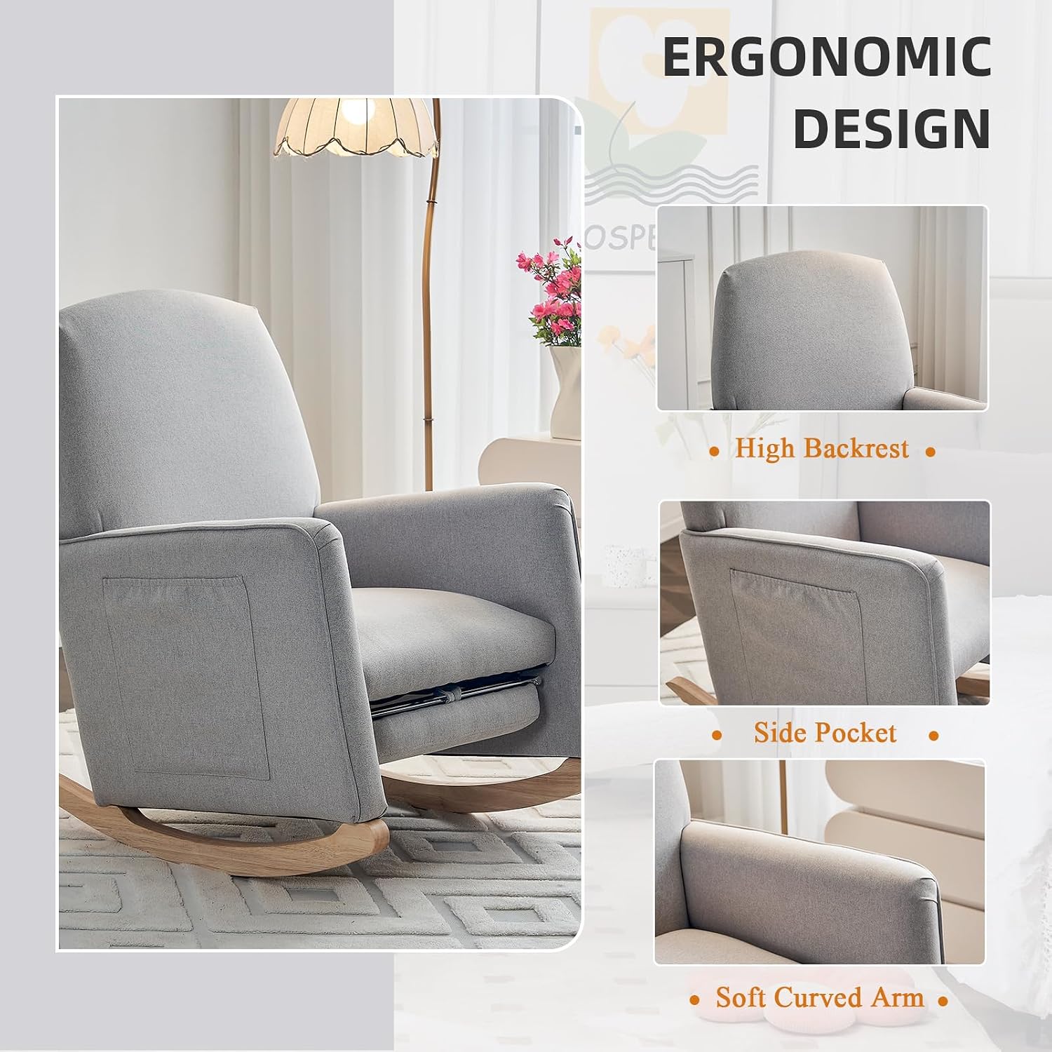 Rocking Chair Nursery with Foot Rest, Nursing Rocking Chair with High Backrest, Glider Rocker Chair for Living Room, Bedroom, Nursery(Cotton Linen Light Gray)