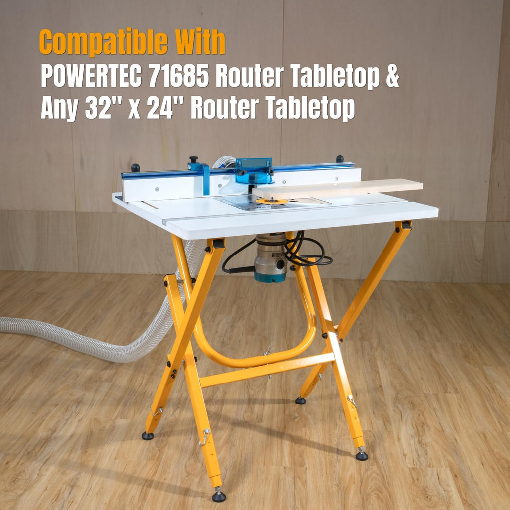POWERTEC Folding Work Stand for Router Tabletop - Adjustable Height 32.7' to 35', Heavy Duty Steel, Portable Workbench Stand (UT1010)