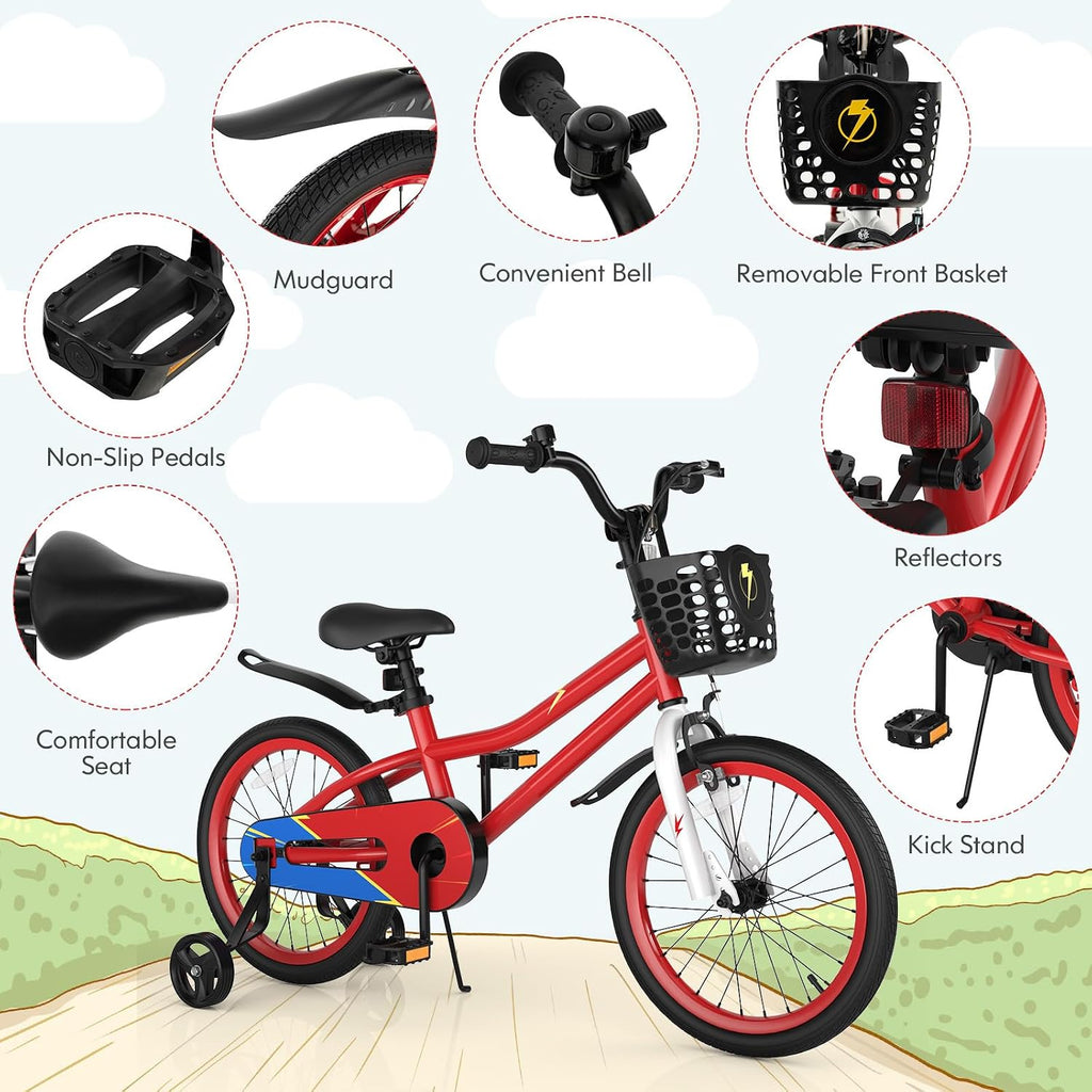 COSTWAY Kids Bike, 12 14 16 18 20 Inch Toddler Bike for Boys & Girls Aged 3-8 Years Old, Kids Bicycle w/Removable Training Wheels, Handbrake & Coaster Brake, Basket, Bell