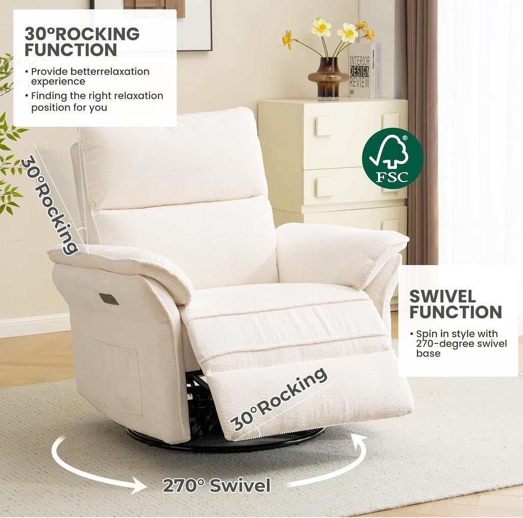 Oversized Power Recliner Chair Swivel Glider with Massage and Heat, Rocker Nursery Recliner for Adults with Adjustable Headrest, 26' Extra Wide Nursery Chair with Overstuffed Armrest,White