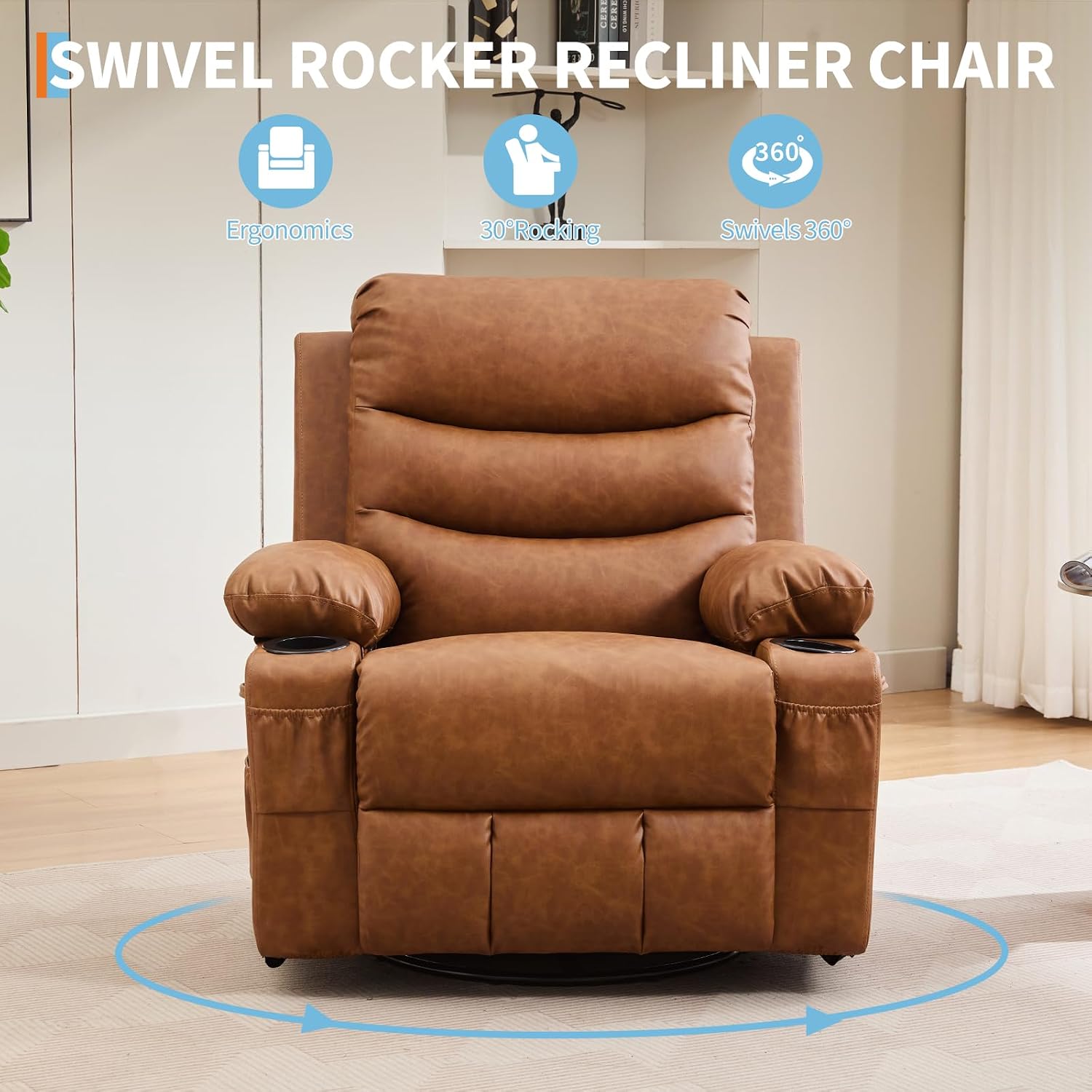 Leather Recliner Chair Nursery, Oversized Manual Reclining Rocking Chair, 360 Swivel Glider with Cup Holder, Massage and Heat Recliner, Indoor Small Single Sofa Chairs for Adults, RV, Bedroom, Brown