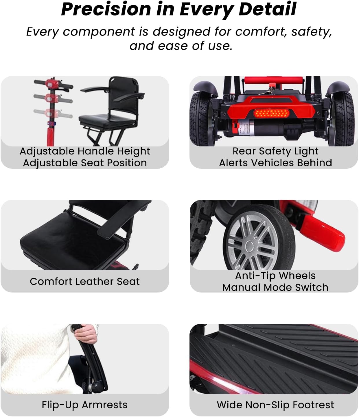4 Wheel Mobility Scooters for Seniors, 4 Wheel Electric Scooter for Adults, Electric Wheelchair Device, 12 Mile Range, Supports 260lbs Weight, Only 46lbs, Adjustable, with Headlight & Taillight