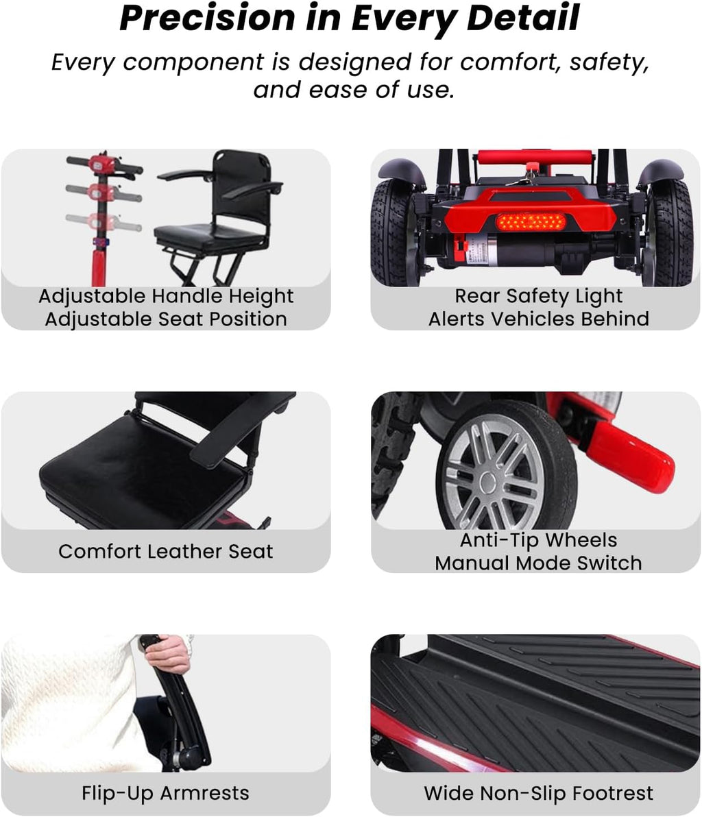 Portable Foldable Electric Mobility Scooter for Seniors – Safe Anti-Tip Design, Adjustable Seat & Armrests, 12-Mile Long-Range, Smooth 180W Brushless Motor