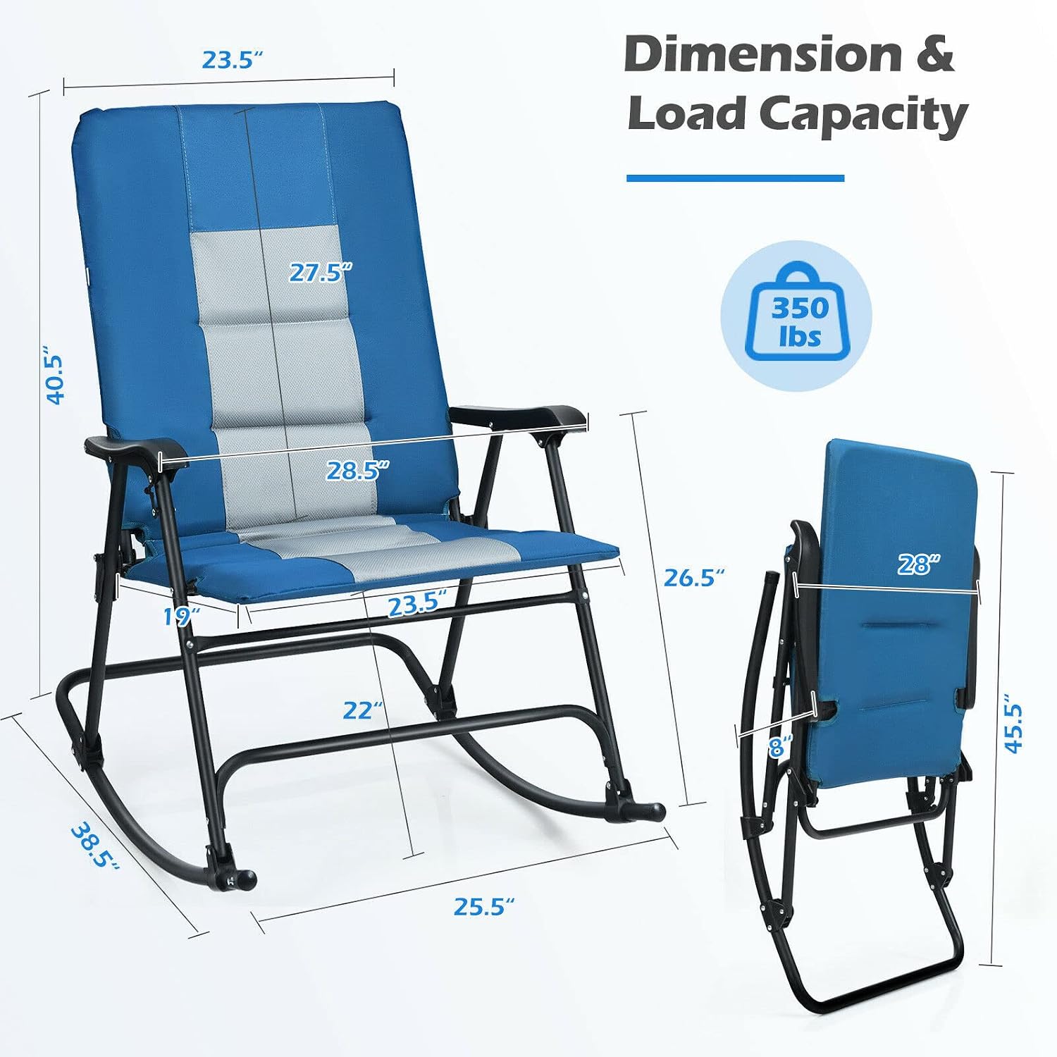Giantex Camping Rocking Chair Foldable Oversized with Padded Armrest and Seat Folding Lawn Chair 350 lbs Weight Capacity for Outdoor, Patio, Lawn, Backyard, Garden Portable Chair (1, Blue)