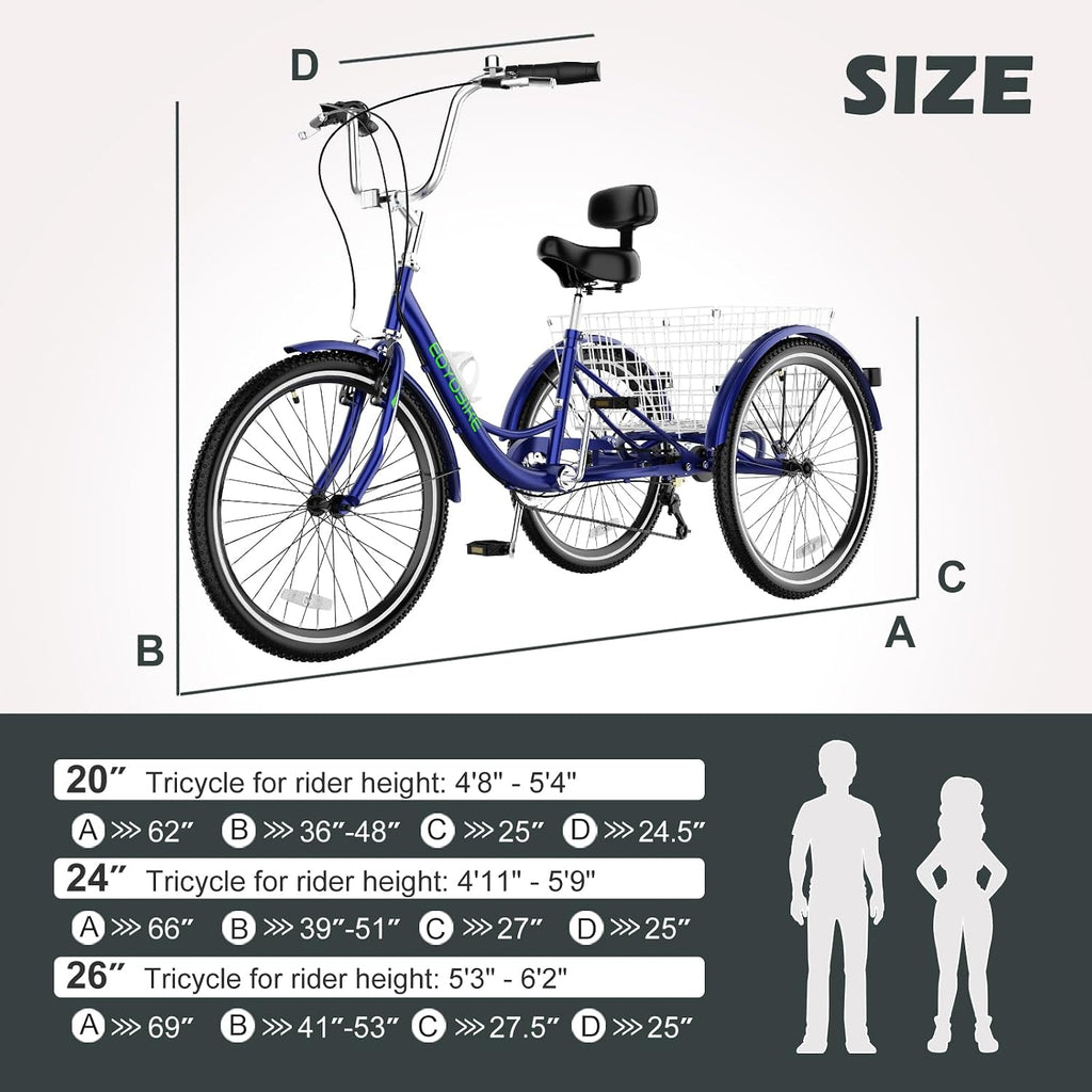 ABORON Adults Tricycle, 3 Wheels Bike for Adult, Tricycle for Adults, Double-Wall Wheel Rims, Tricycle for Women Men Exercise Outdoor Sports