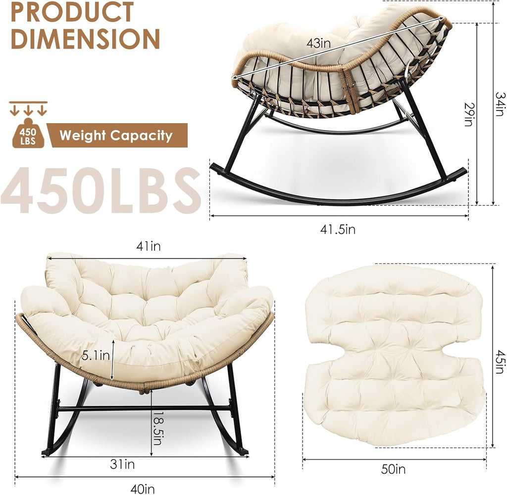 RADIATA Rocking Egg Chair Outdoor, Oversized Papasan Rocker with Cushion, 450 lbs Extra Wide Rocking Lounge Chairs, PE Wicker Big Comfy Sturdy Recliner Glider for Patio Porch Garden Living Room Beige