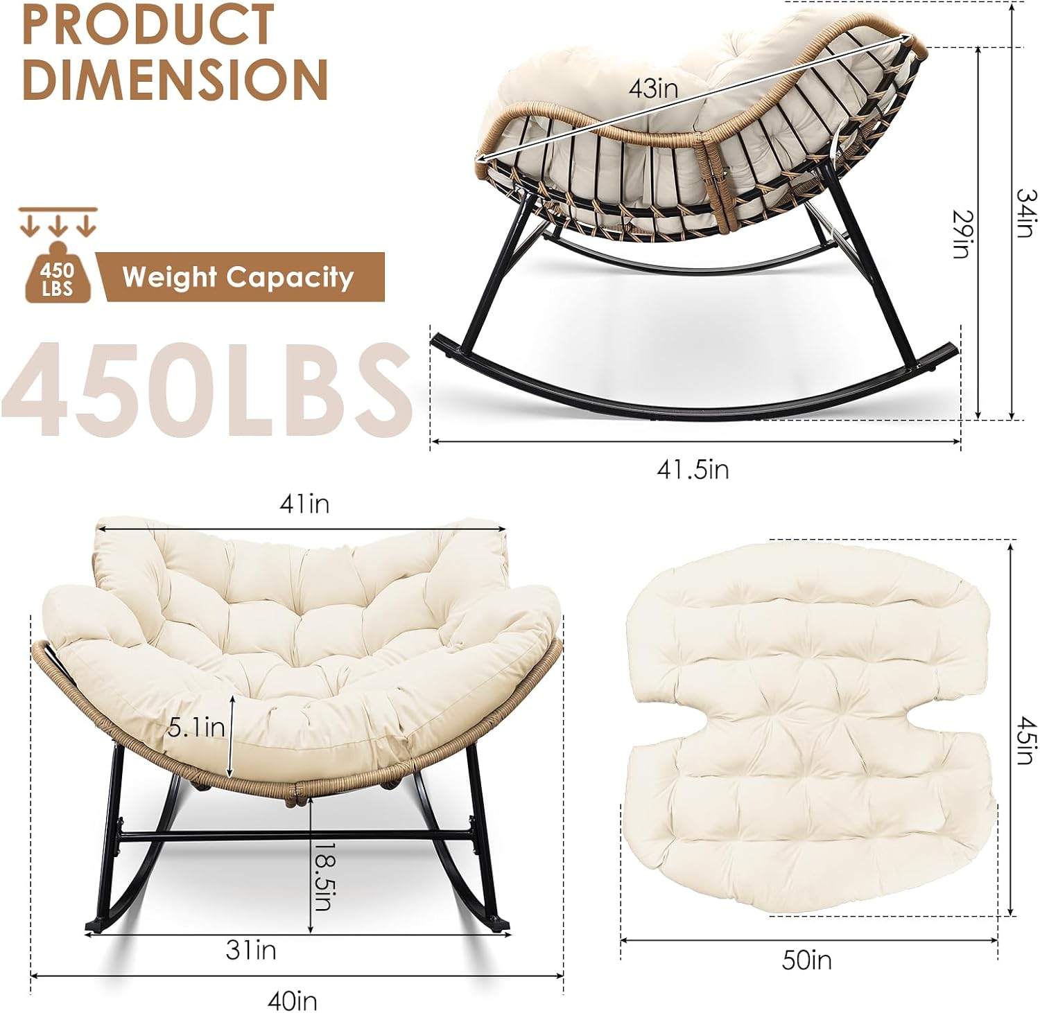 RADIATA Rocking Egg Chair Outdoor, Oversized Papasan Rocker with Cushion, 450 lbs Extra Wide Rocking Lounge Chairs, PE Wicker Big Comfy Sturdy Recliner Glider for Patio Porch Garden Living Room Beige