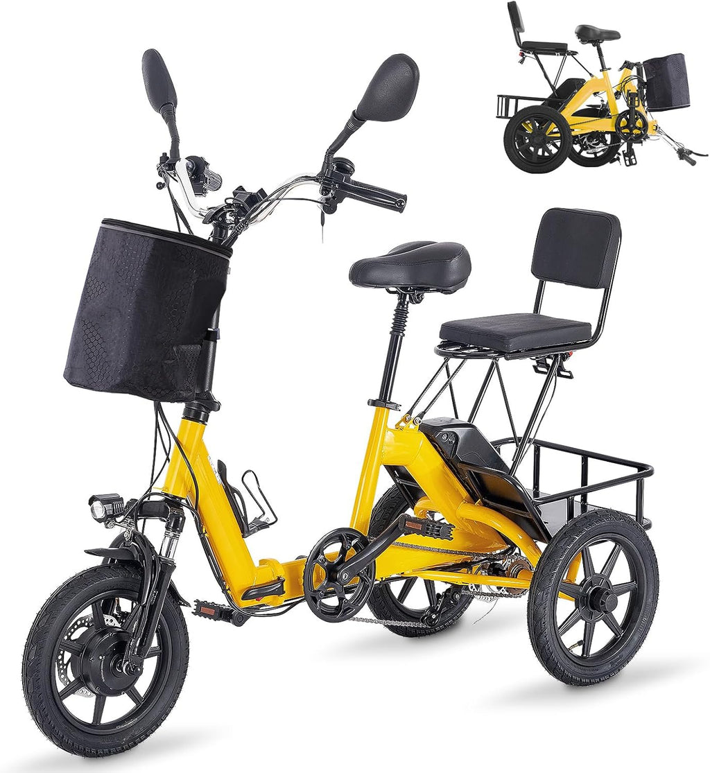 E Trike Electric Bike, 350W(Peak 500W) Brushless Motor Folding Trike, 2 Seats Ebike, 480Wh Removable Battery, Step-Thru 3 Wheel Electric Bicycle, Up to 45 Miles, Tricycle for Adults Parents