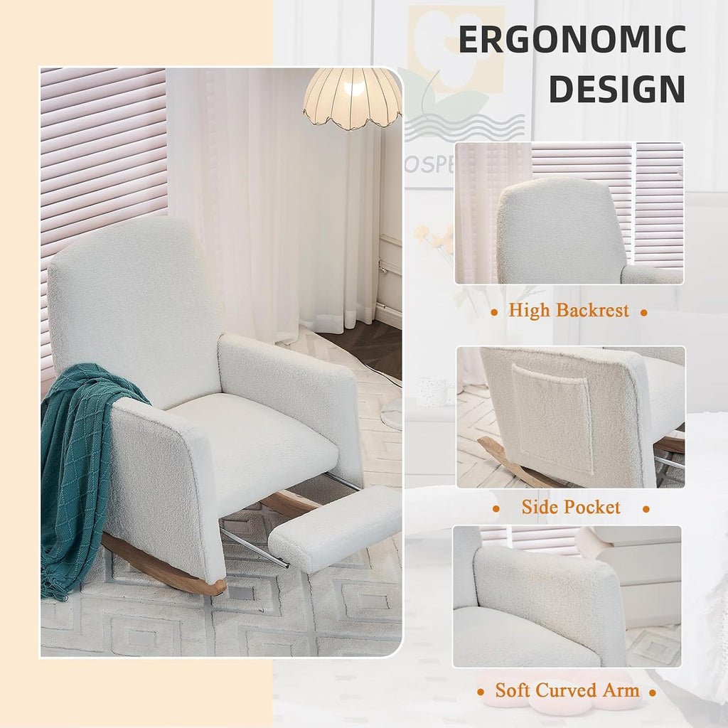 Rocking Chair Nursery with Foot Rest, Teddy Nursing Rocking Chair with High Backrest, Glider Rocker Chair for Living Room, Bedroom, Nursery(Teddy Ivory)