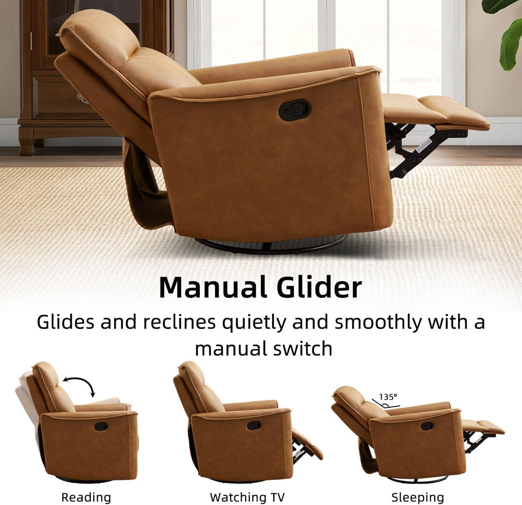 CANMOV Swivel Rocker Recliner, Glider Rocking Chair, Nursing Chairs Swivel Glider Recliners with Soft Backrest, Leathaire Manual Reclining Sofa for Living Room Bedroom Apartment, Brown