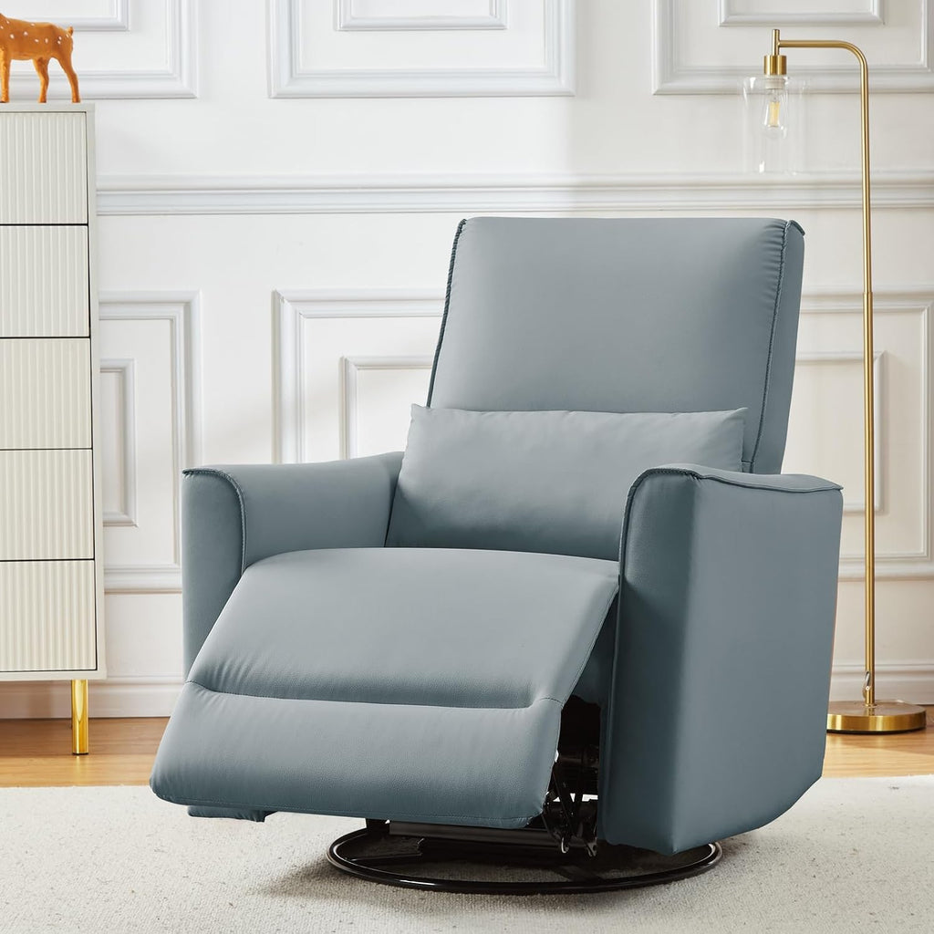 GarveeHome Recliner Chair, 360° Swivel Rocker Glider Nursery Chair with Padded Armrest and Deep Seat, PU Leather Upholstered Reclining Sofa Chair for Living Room, Bedroom and Nursery (Silver)