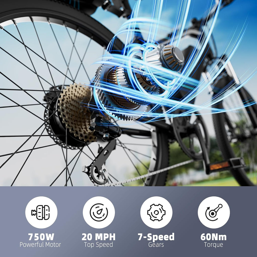 Electric Bike, 1500W/1000W/750W Peak Motor, 80/70/55 Miles Range & 20MPH Speed, 26'' Tires, APP Control E Bike, Shock Absorber, Adjustable Seat, Commuting Electric Bike for Adults