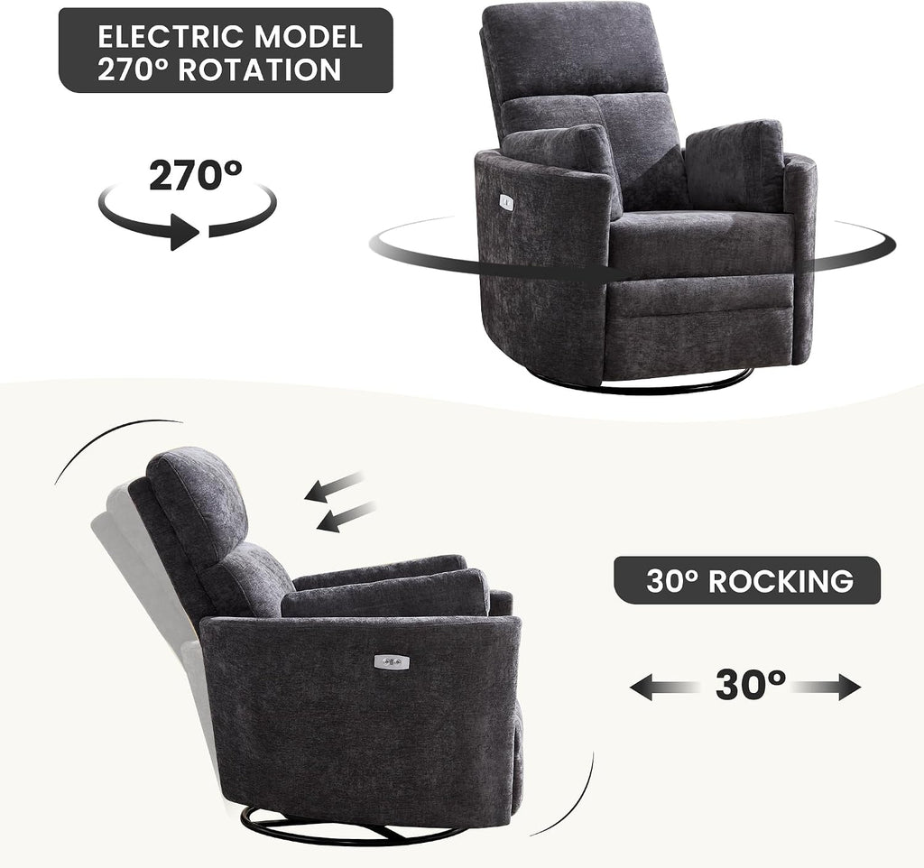 Power Recliner,Nursery Swivel Rocking Glider Chair with USB Port,Electric Upholstered Adult Recliner Rocking Chair with 2 Pillows for Living Room Bedroom (Drak Grey, Power-Driven)
