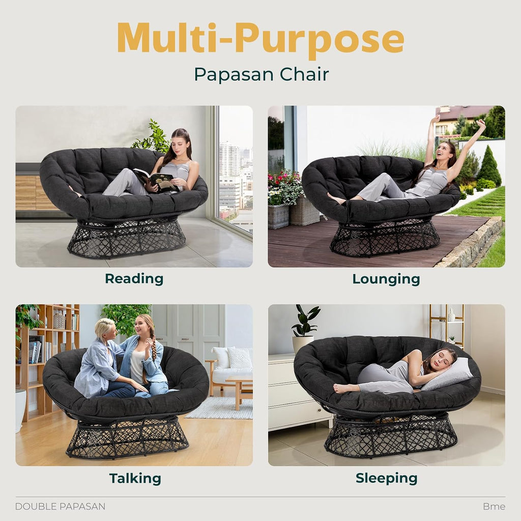 Bme Double Papasan Chair, 600lbs Capacity, Ergonomic Design, Soft Thick Fabric Cushion, Bee-Designed Base, Durable Steel Frame, 61', Onyx Stone - Black Base