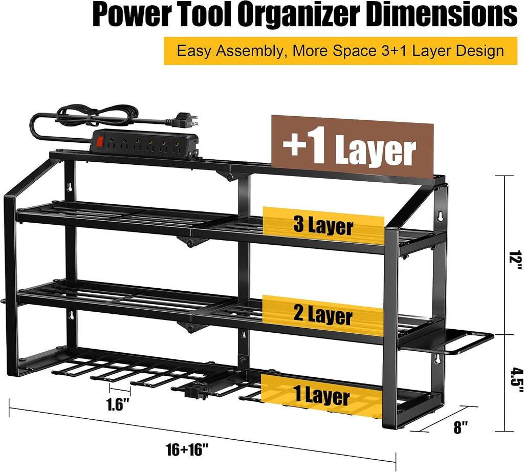 Spampur Power Tool Organizer Wall Mount with Charging Station, 3 Layers Storage Rack with 8 Cordless Drill Hangers, Tool Battery Holder Built in 6 Outlet Power Strip, Utility Racks for Garage Workshop