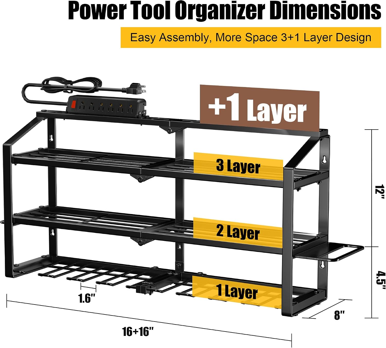 Spampur Power Tool Organizer Wall Mount with Charging Station, 3 Layers Storage Rack with 8 Cordless Drill Hangers, Tool Battery Holder Built in 6 Outlet Power Strip, Utility Racks for Garage Workshop