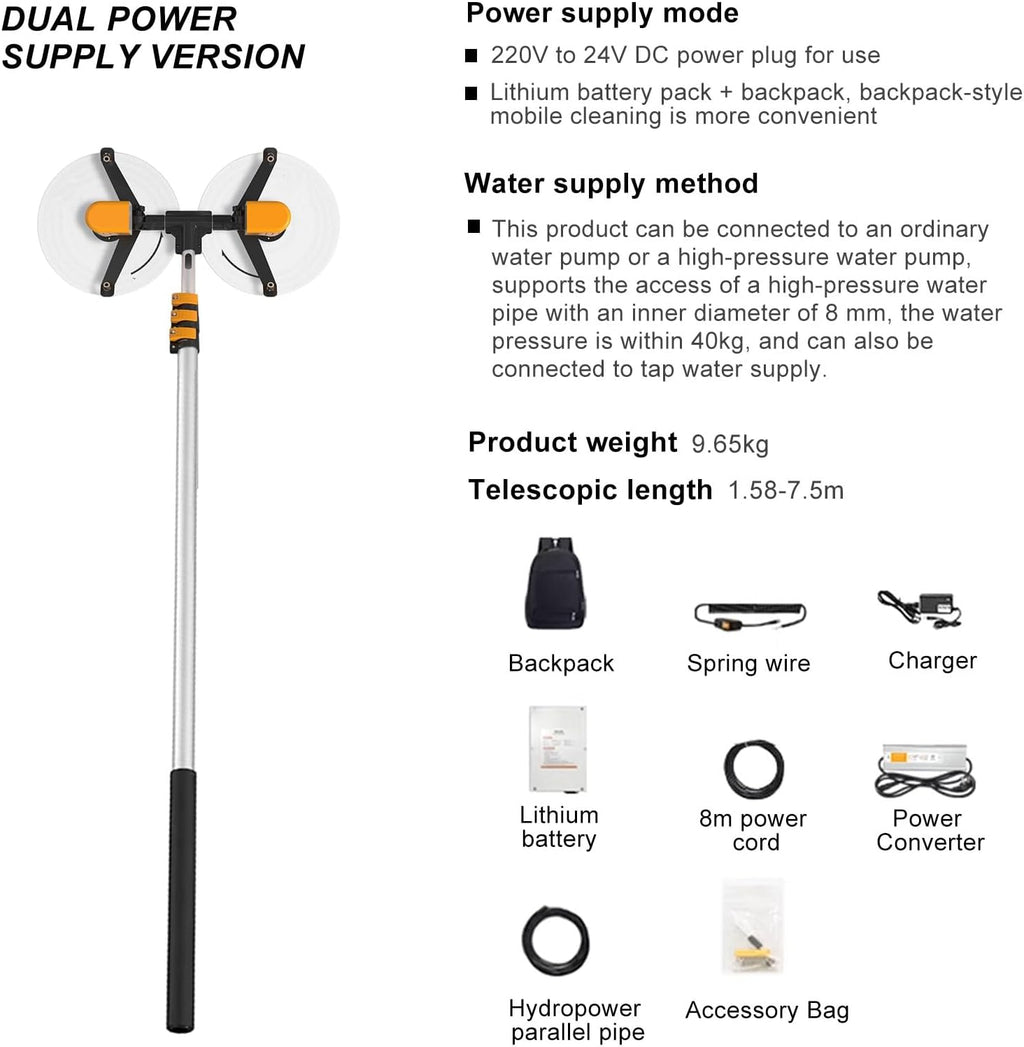 7.5M Water Supply Pole Kit, Outdoor Window Roof Glass Cleaner Tool with Telescopic Pole, Electric Rotary Cleaning Brush, Double Head Solar Panel Cleaning Equipment (Wired)