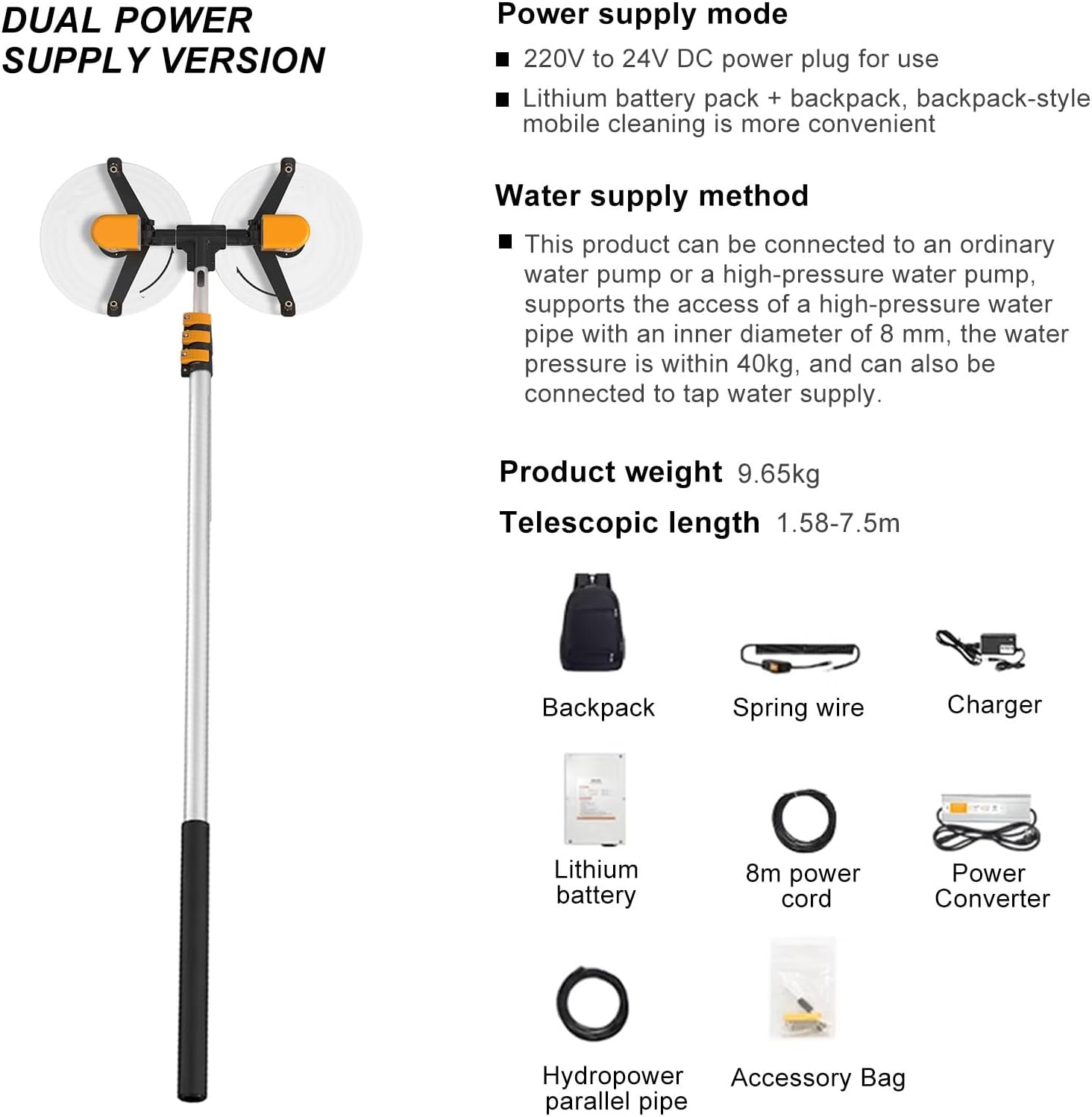 7.5M Water Supply Pole Kit, Outdoor Window Roof Glass Cleaner Tool with Telescopic Pole, Electric Rotary Cleaning Brush, Double Head Solar Panel Cleaning Equipment (Wired)