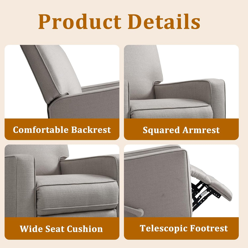 Swivel Rocker Recliner Chair for Adults, High Back Fabric Recliner with Deep Seat, Manual Glider for Living Room & Nursery, Grey
