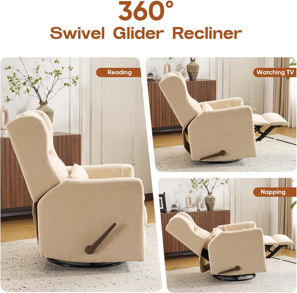 Rocking Chair Nursery with Adjustable Headrest,Comfy Swivel Rocker Recliner with Lumbar Support, Manual Nursery Chair Rocker Recliner with Cup Holder and Side Pockets, Beige