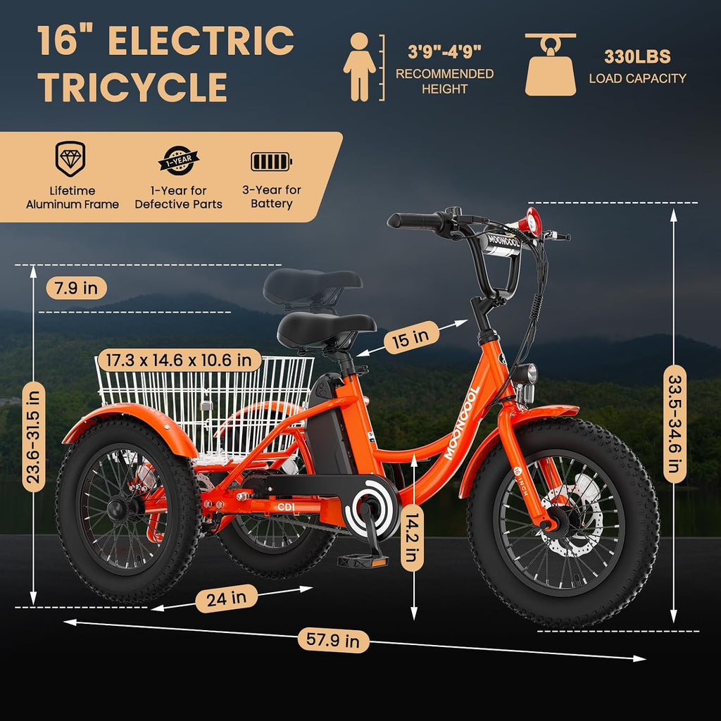 MOONCOOL 16'×3' Youth Electric Trike, 250W Fat-Tire 12MPH 3-Wheel eBike for Boys & Girls, Aluminum Frame, Removable Battery/Basket, Up to 35-Mile Range