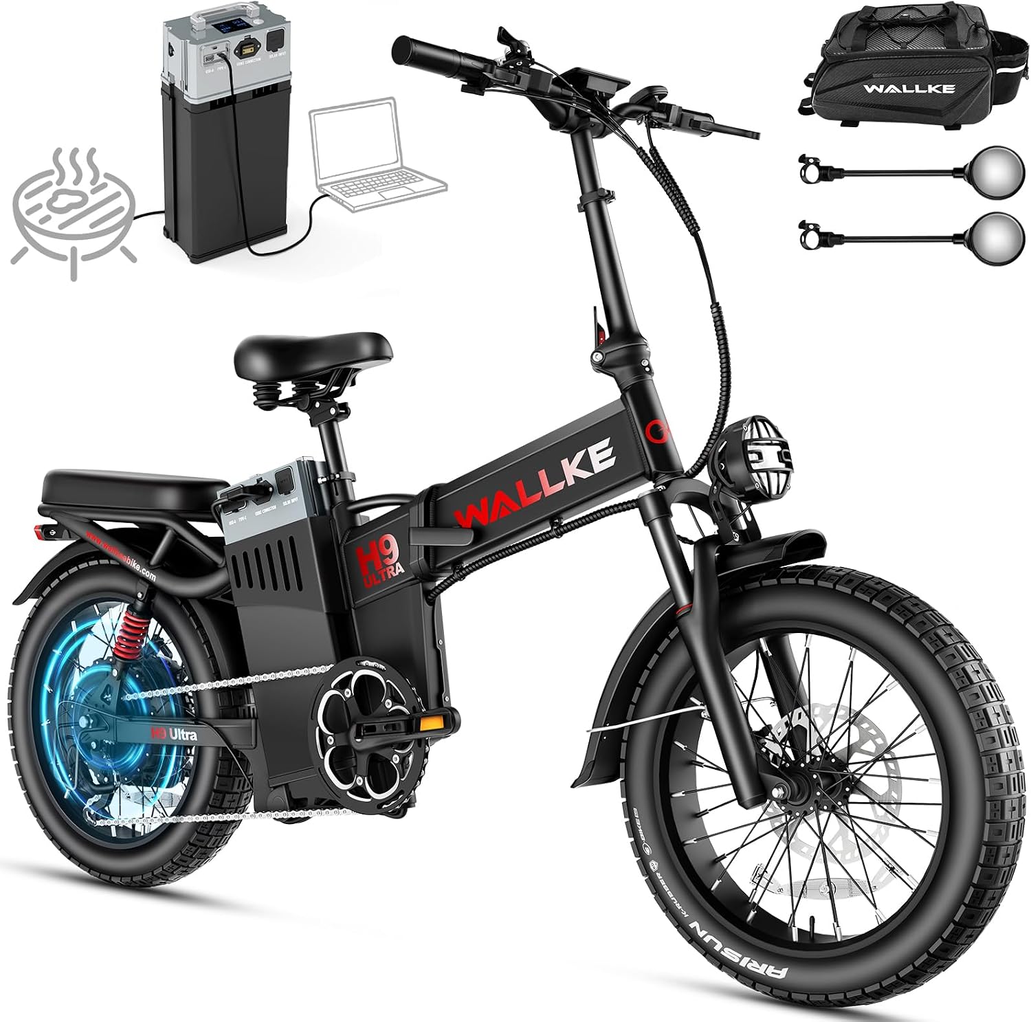 Wallke H9 ULTRA HIGH-END Long Range Electric Bike for Adults, 55Ah 2640Wh Solar Power Hub Battery,105NM 40MPH Fast Ebike Torque Sensor,ARISUN Fat Tire E Bike for Camping Hunting Commute Fitness, Black
