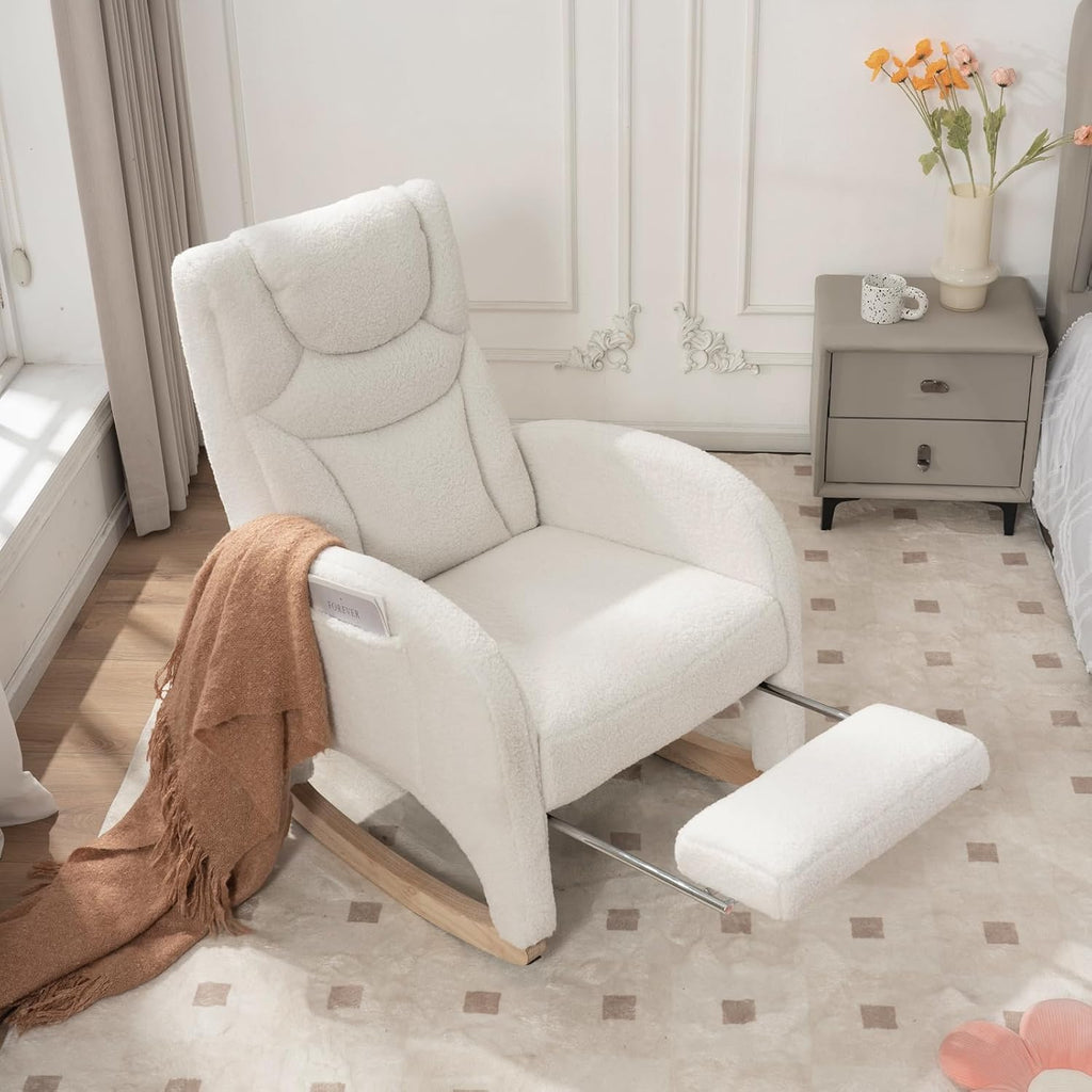 Rocking Chair Nursery with Foot Rest,Upholstered Teddy Glider Rocker with Wood Legs, Nursing Rocking Chair for Living Room/Nursery,Ivory
