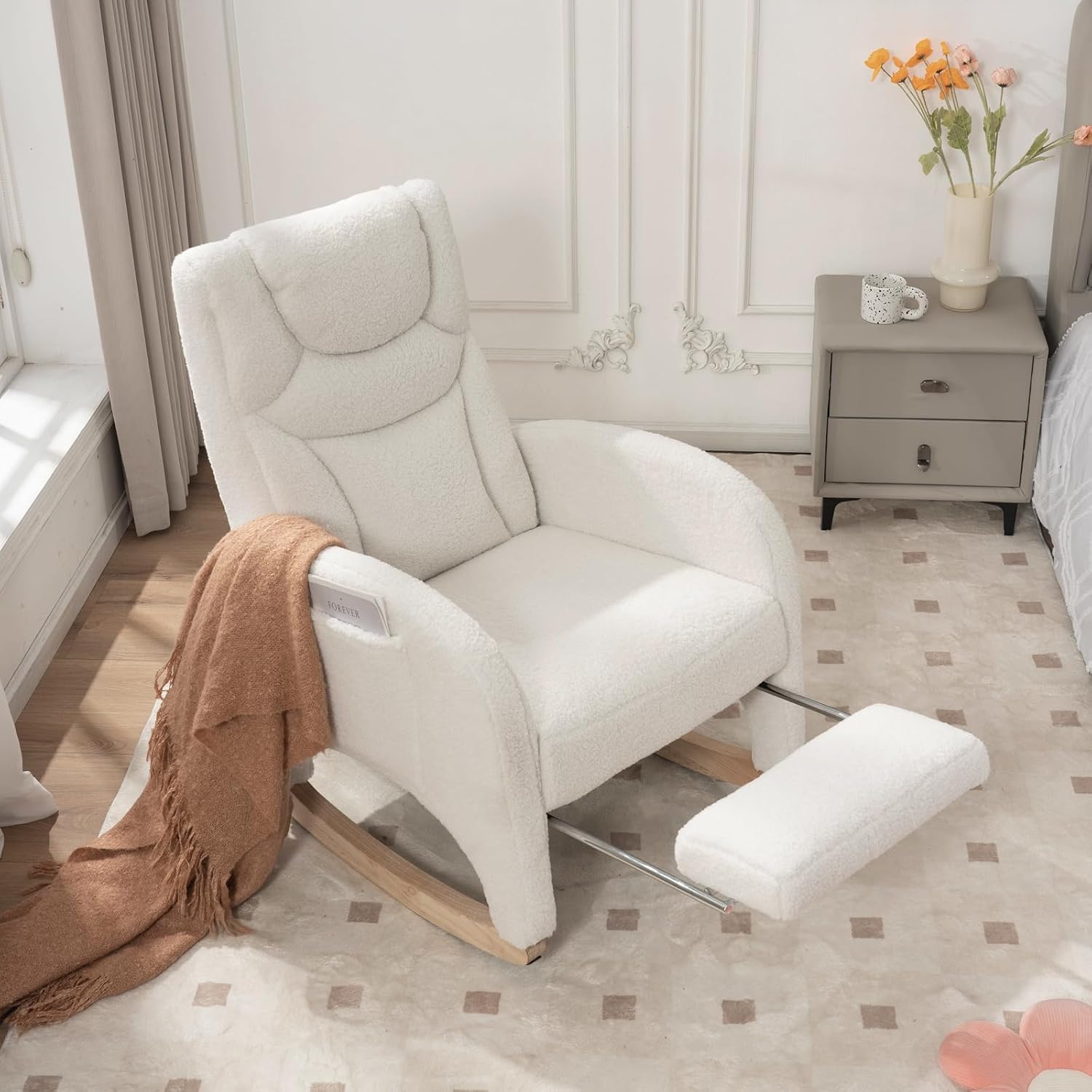 Rocking Chair Nursery with Foot Rest,Upholstered Teddy Glider Rocker with Wood Legs, Nursing Rocking Chair for Living Room/Nursery,Ivory