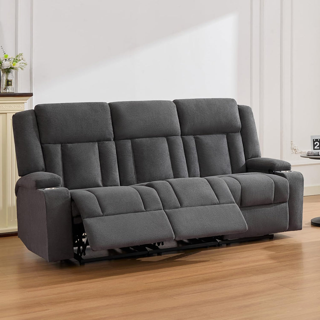 Recliner Sofa with Cup Holders, 3-Seater Fabric Reclining Couch, Manual Recliner Wall Hugger for Living Room, Home Theater, Small Spaces (Dark Gray)